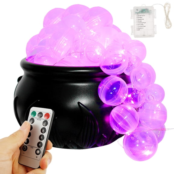 Bubbling Cauldron Kit 10inch Light up Witch Bubble Bucket Set DIY Plastic Witches Cauldron Set with 40 Clear Balls Spooky Indoor Halloween Decorations for Halloween Home Party