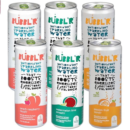 Bubblr Antioxidant Sparkling Water - Passion Fruit Wond'r, Watermelon Lime Smash'r, Peach Raspberry Dazzl'r - Variety Pack, 0 Suger, 69 Mg Caffine, Sparkling Water 12 Fl Oz (Pack Of 6) Repackaged