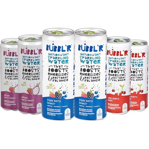 Bubblr Antioxidant Sparkling Water Variety Pack, Triple Berry Breez'r, Pitaya Berry Nect'r & Wild Cherry Chill'r, 12 fl oz Cans, Zero Sugar, 69mg Caffeine (6 Pack)