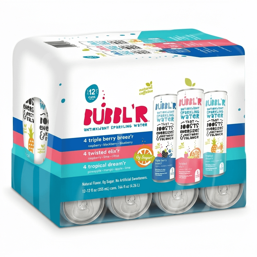 Bubblr Antioxidant Sparkling Water - triple berry breez'r ,twisted elix'r, tropical dream'r - Variety Pack, 0 Suger, 69 Mg Caffine, Sparkling Water 12 Fl Oz (Pack Of 12) (Packaging may Vary)