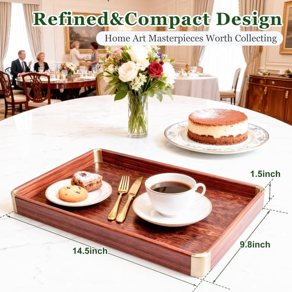 Bubinga Wood Serving Tray with Brass Corners - Luxury Decorative Tray for Coffee Table, Kitchen & Living Room