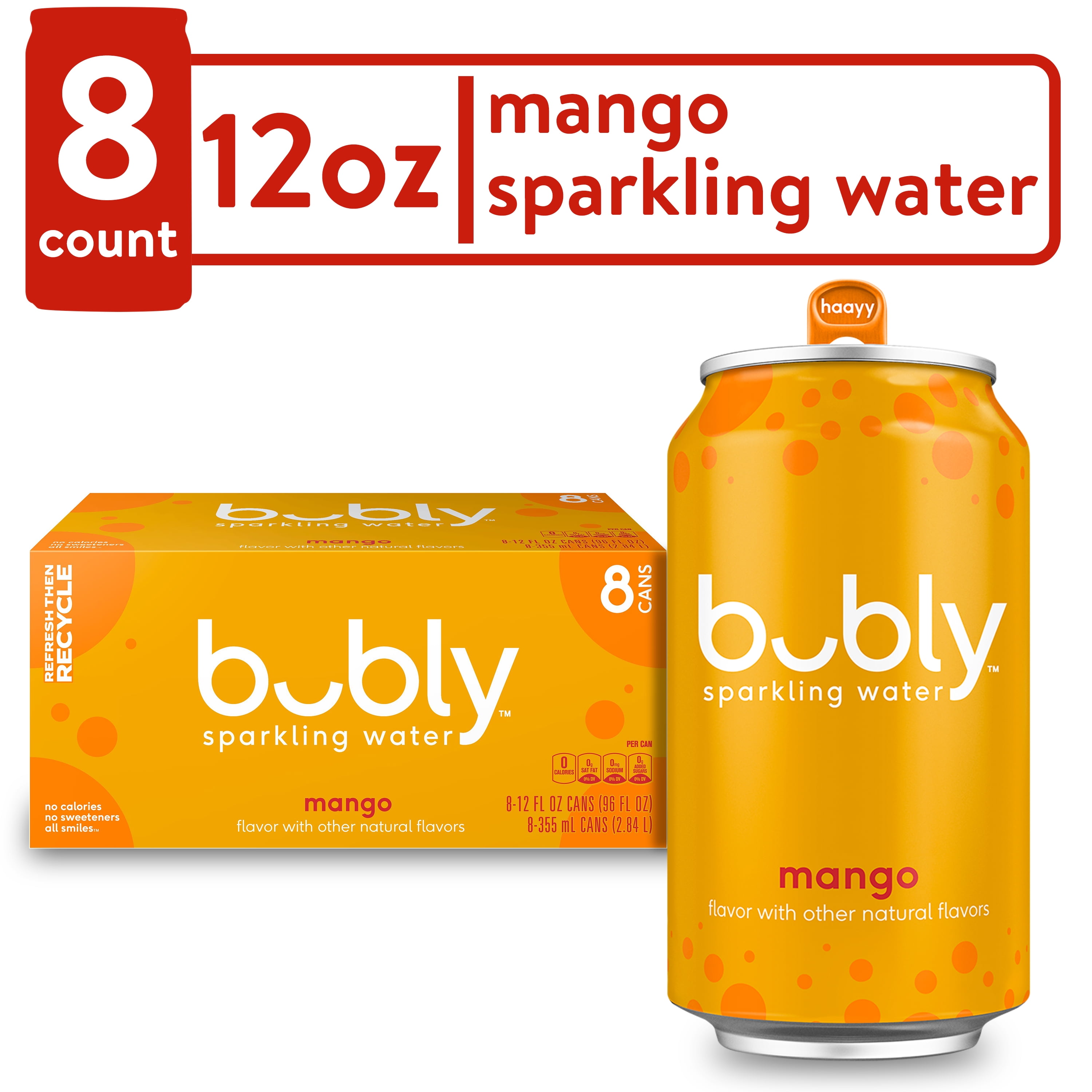 bubly Mango Sparkling Water, 12 fl oz, 8 Pack Cans