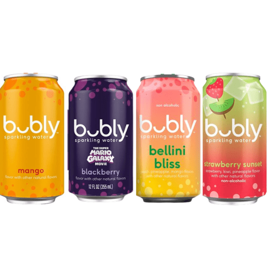 Bubly Sparkling Water, The Super Mario Galaxy Movie Blackberry, Strawberry Sunset, Bellini Bliss, Mango Vareity Pack Zero Sugar & Zero Calories, 12 fl oz Cans ( 4Pack )