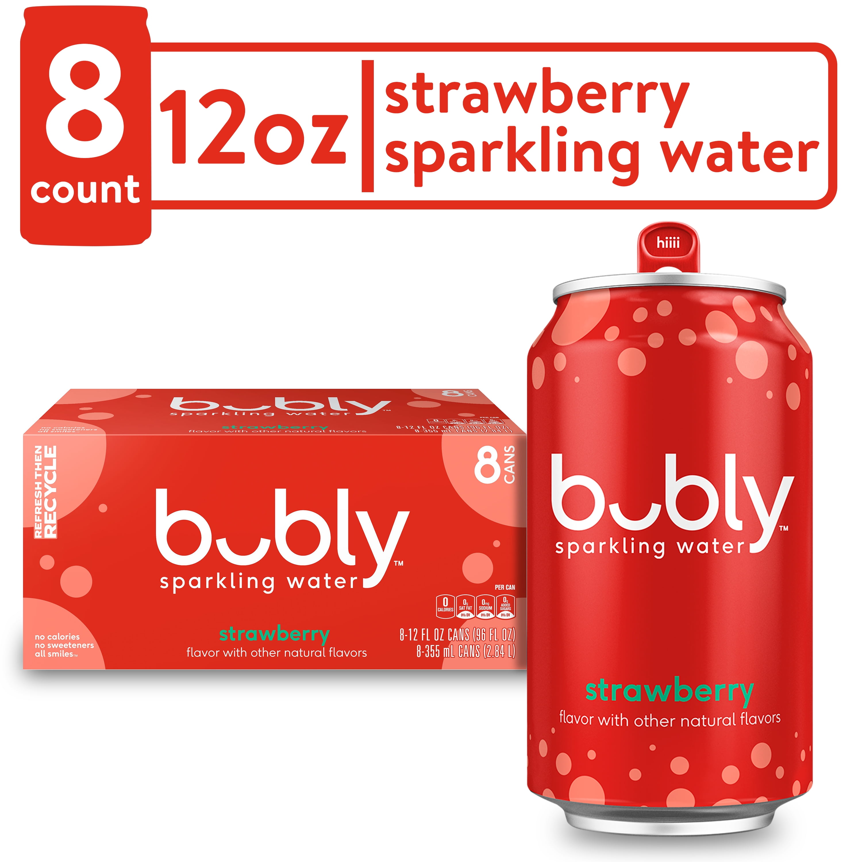 Bubly Flavored Strawberry Sparkling Water, 12 fl oz, 8 Pack Recyclable ...