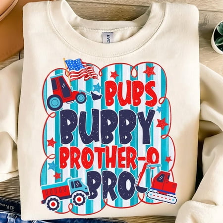 Bubs American Flag Construction Sweatshirt – 4th of July Patriotic Truck Crewneck for Little Brothers and Boys BTO