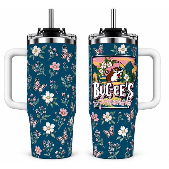 Buc-ees Arkansas Floral 40oz Tumbler With Handle, Butterfly Insulated Travel Cup