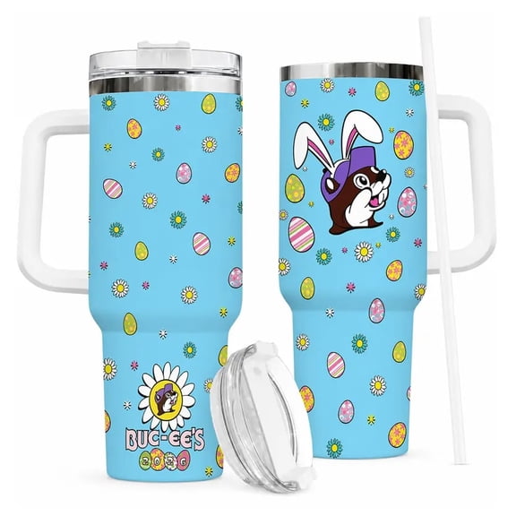 Buc-ee's Easter Bunny 2026 40oz Tumbler, Blue Floral & Eggs Travel Cup with Handle and Straw, Cute Spring Gift