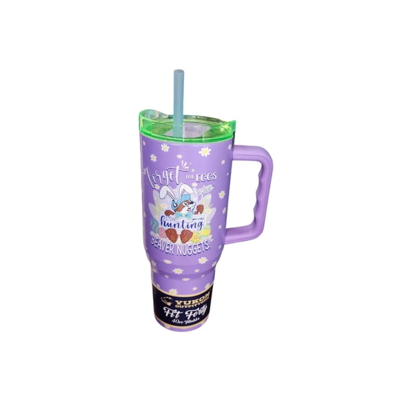 Buc-ee's Easter Tumbler, Purple with Bunny Design, Insulated Travel Mug with Handle and Straw
