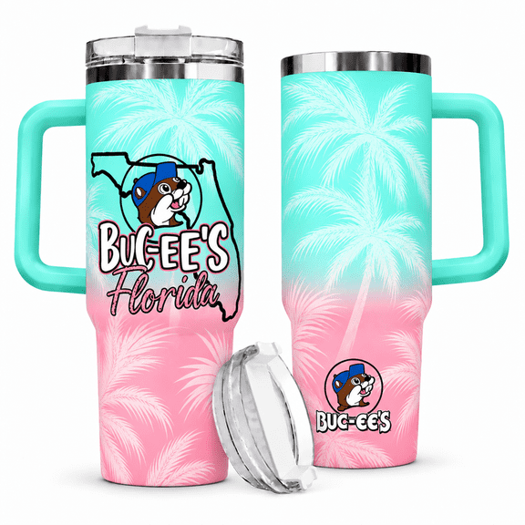 Buc-ee's Florida 40oz Tumbler With Handle, Tropical Palm Tree Insulated Travel Cup