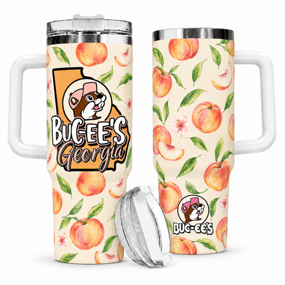 Buc-ee's Georgia 40oz Tumbler With Handle, Peach Fruit Floral Insulated Travel Cup