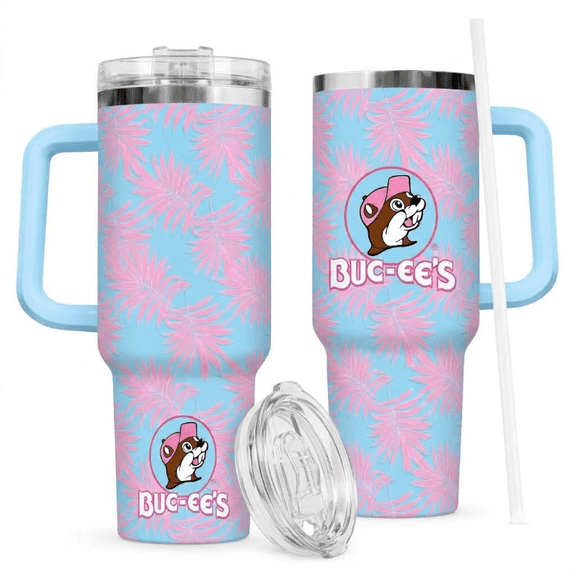 Buc-ee's Pink Palm Tumbler 40 Oz, Tropical Floral Insulated Travel Cup, Large Reusable Drinkware, Summer Gift for Women