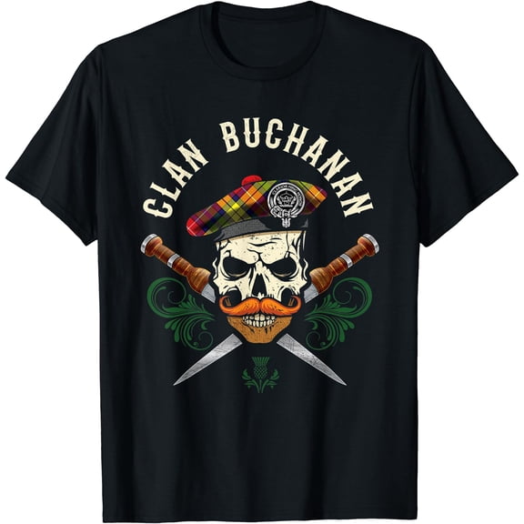 Buchanan Surname Scottish Clan Skull Tam Dirks Tartan Badge T-Shirt, Unisex T-Shirt