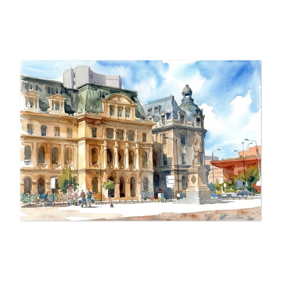 Bucharest University Square Watercolor Cityscape - Bucharest Romania Painting Watercolor Architecture Cityscape Travel Poster Illustration Unframed Wall Art Print 16 x 24 inches