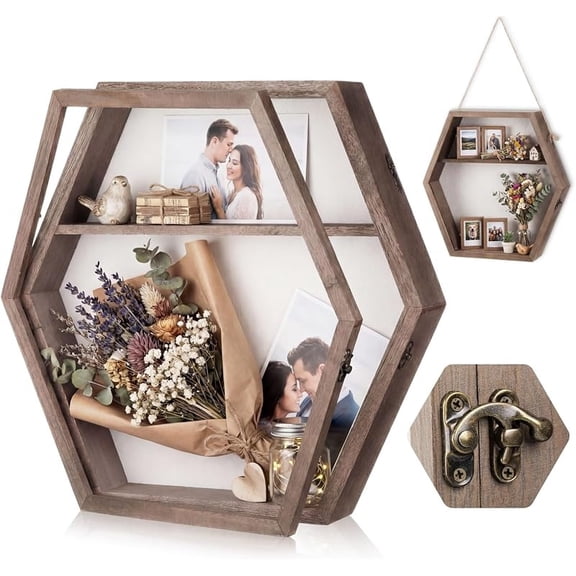 Bucherry 16 Inch Huge Wooden Shadow Box Frame with Panel Shelves, Hexagonal