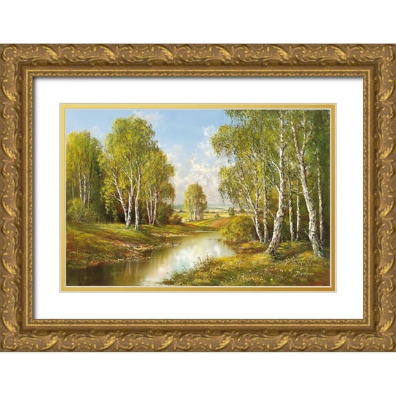 Buchner, H. 14x11 Gold Ornate Wood Framed with Double Matting Museum Art Print Titled - BIRCHES IN SPRINGTIME