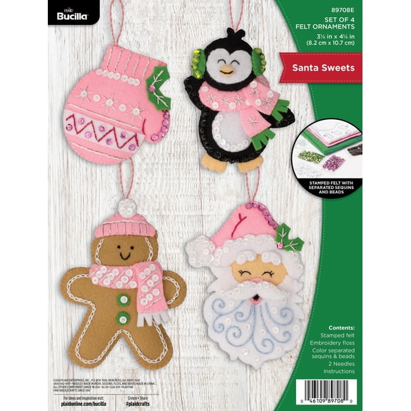 Bucilla 3.25" x 4.25" Santa Sweets Felt Applique Christmas Ornament Kit, 4 Pieces
