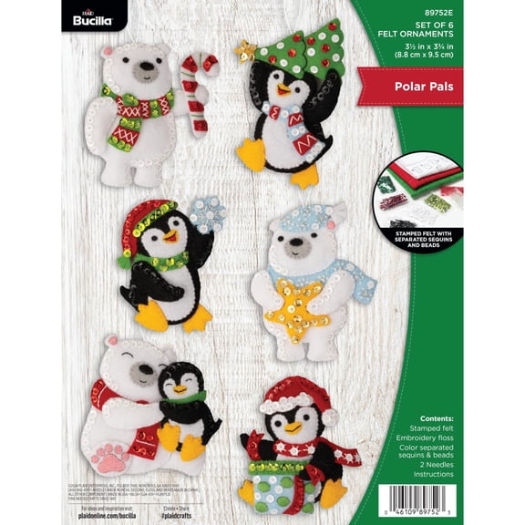 Bucilla 3.5" x 3.75" Polar Pals Felt Applique Christmas Ornament Kit, 6 Pieces