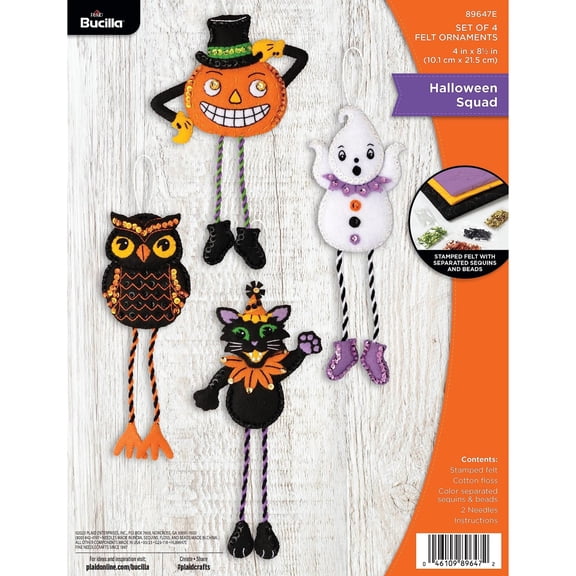 Bucilla 4" x 8.5" Halloween Squad Felt Applique Ornament Kit, 4 Piece