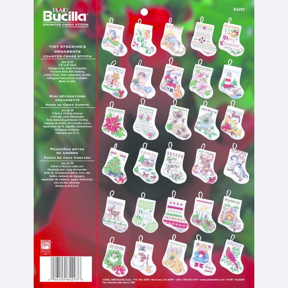 Bucilla Tiny Stockings Christmas Ornament Counted Cross-Stitch Kit, 3.5" x 4", 30 Pieces