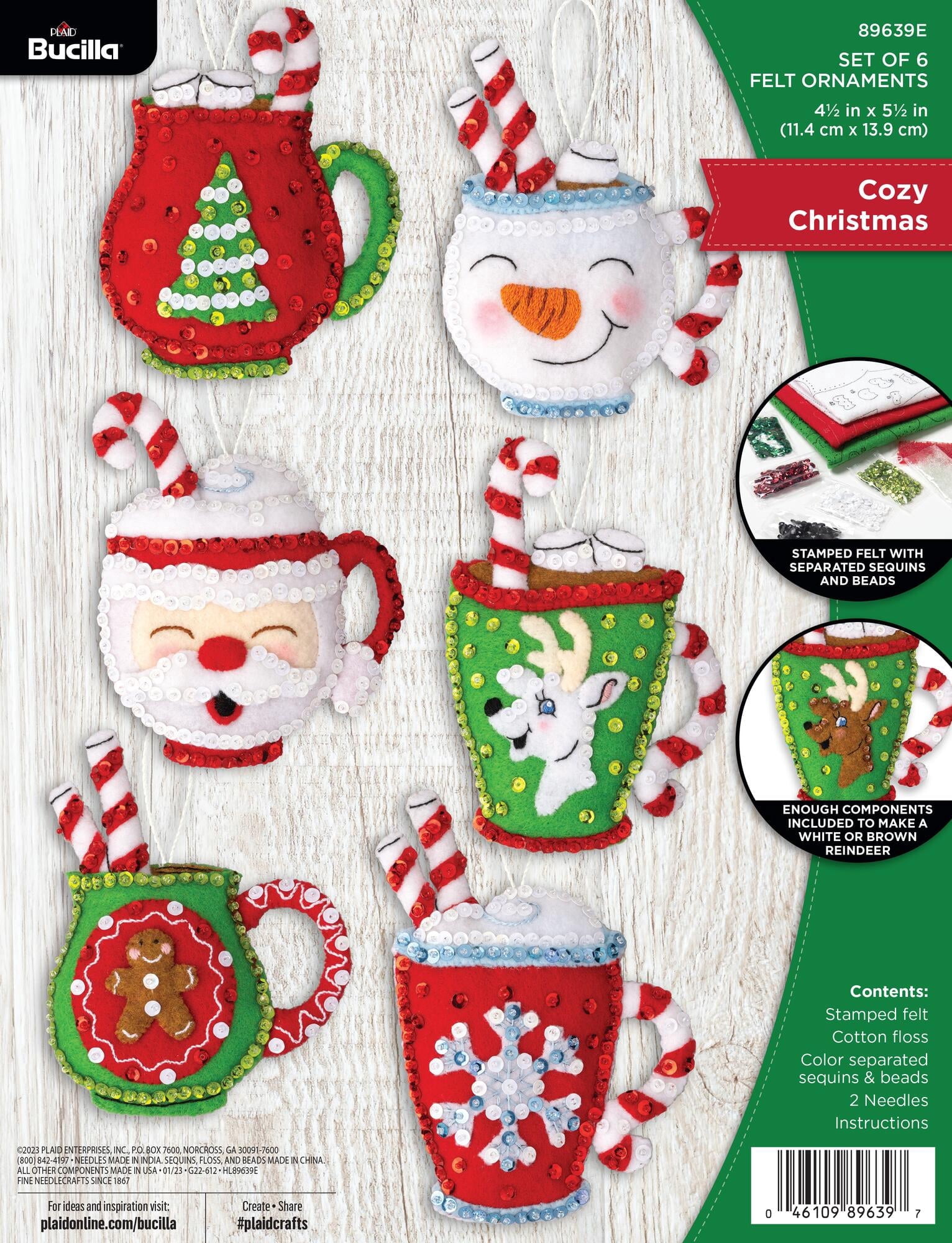 Bucilla 4.5" x 5.5" Cozy Christmas Felt Applique Christmas Ornament Kit, 6 Pieces