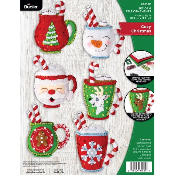 Bucilla Felt Applique 4.5" x 5.5" Cozy Christmas Ornament Embroidery Kit, 6 Pieces