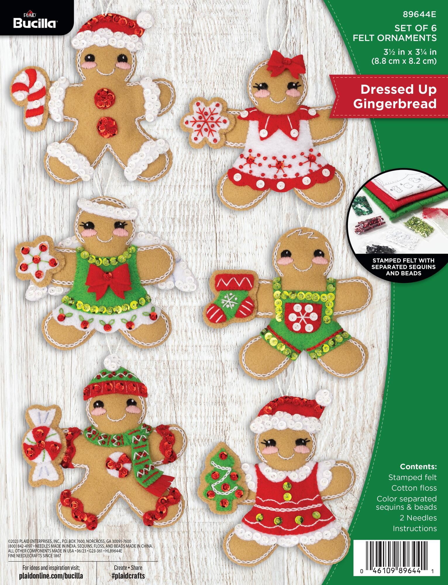 Bucilla Dressed up Gingerbread 6 Count Felt Applique Ornament Kit, 3.5 x 3.25 in