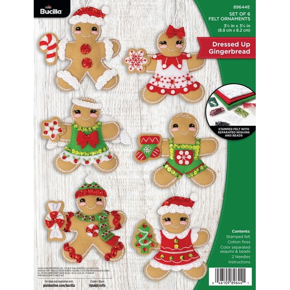 Bucilla Dressed up Gingerbread 6 Count Felt Applique Ornament Kit, 3.5 x 3.25 in