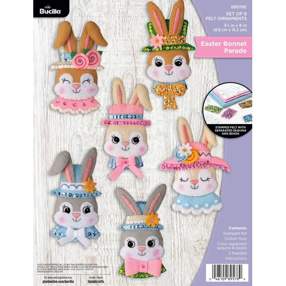 Bucilla 3.5" x 6" Easter Bonnet Parade Felt Applique Ornament Kit, 6 Pieces
