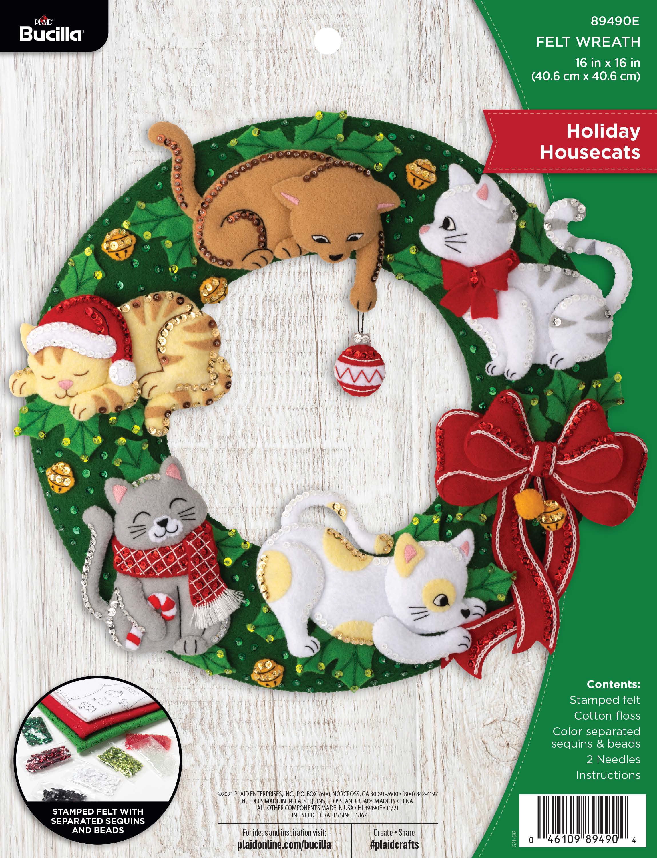 Bucilla Embroidery Holiday Wreath Kit, Felt Applique, Holiday Housecats