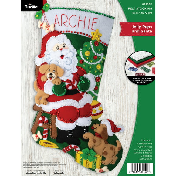 Bucilla Felt Applique 18" Christmas Stocking Kit, Jolly Pups and Santa