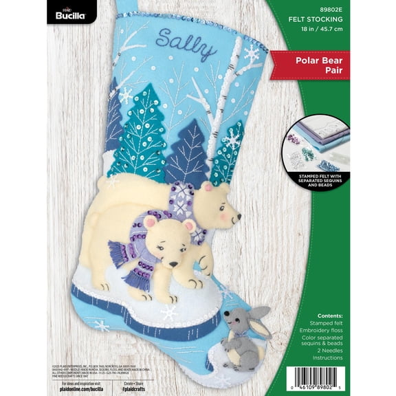 Bucilla Felt Applique 18" Polar Bear Pair Christmas Stocking Embroidery Kit