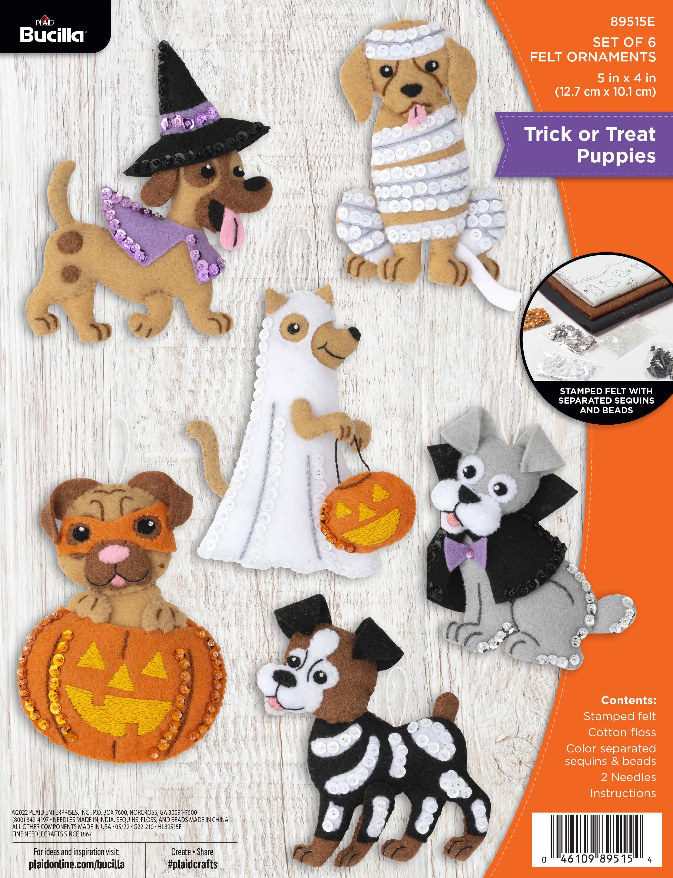Bucilla Felt Applique 6 PC Ornament Kit, Trick or Treat Puppies
