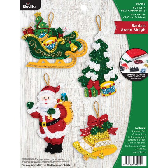 Bucilla Felt Applique DIY Christmas Ornament Kit, Santa's Grand Sleigh, Set of 4