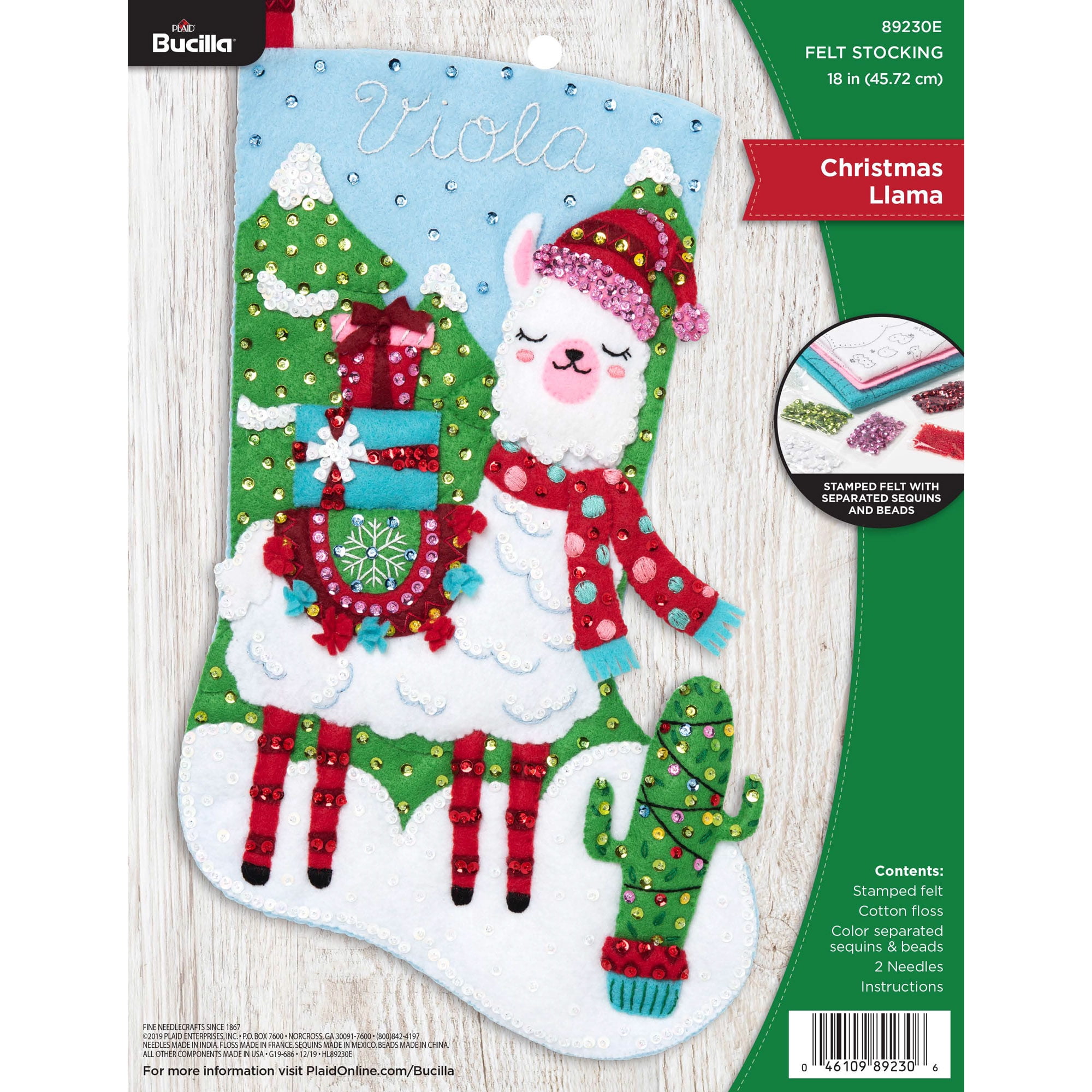 Bucilla Felt Applique DIY Christmas Stocking Kit, Christmas Llama, 18 