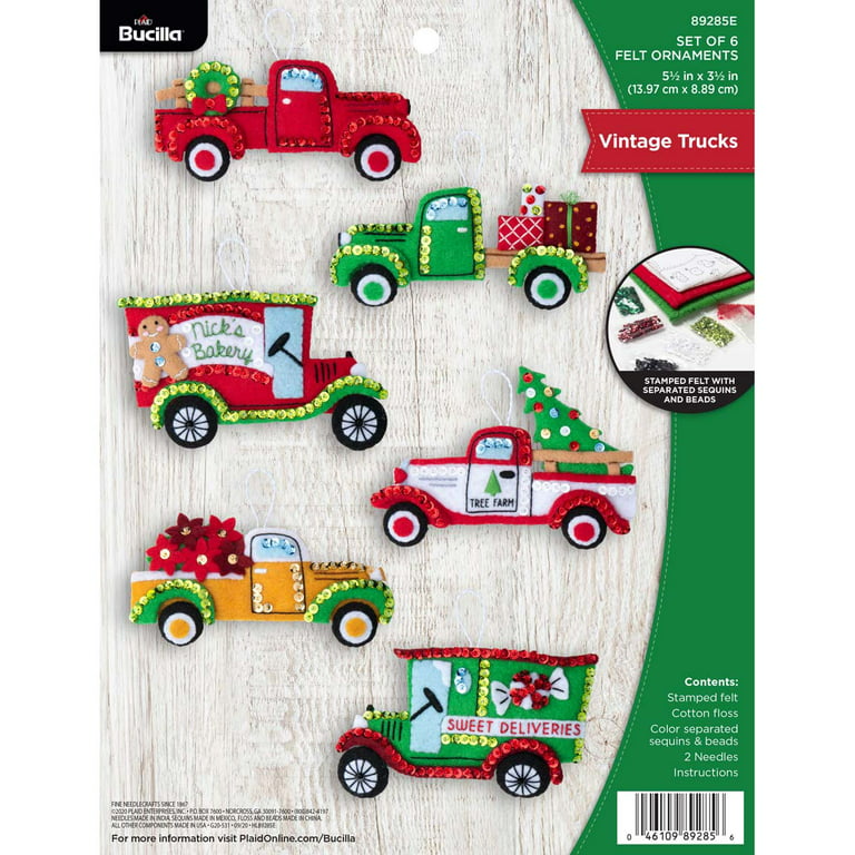 Bucilla Felt Applique DIY Holiday Ornament Kit, Vintage Trucks