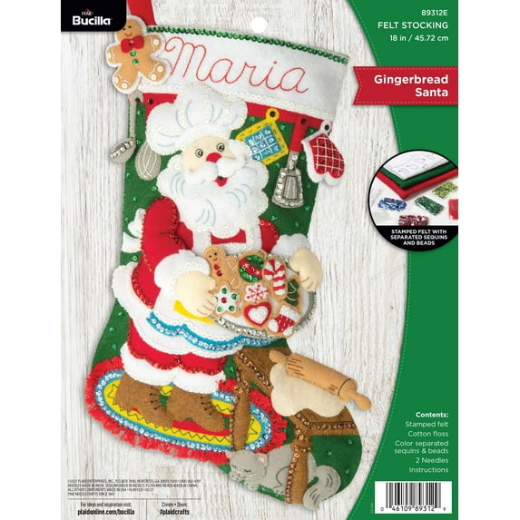Bucilla Felt Applique DIY Holiday Stocking Kit, Gingerbread Santa, 18"