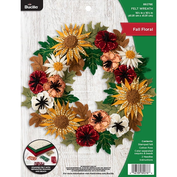 Bucilla Felt Applique DIY Holiday Wreath, Fall Floral, 16.5" x 16.5"