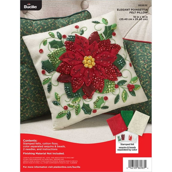 Bucilla Felt Applique Needlecrafting Pillow Kit, Elegant Poinsettia, 10" x 10"