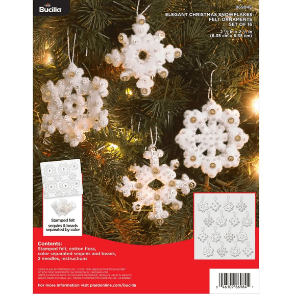 Bucilla Felt Applique 2.5" x 2.5" Elegant Christmas Snowflakes Ornament Embroidery Kit, 16 Pieces