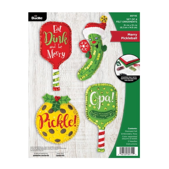 Bucilla Merry Pickleball Felt Applique Ornament Kit, Set of 4, 3.25 x 5.75 in
