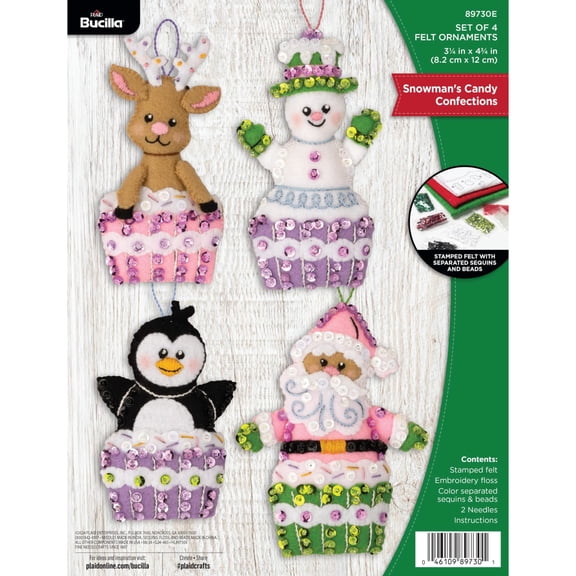 Bucilla Snowman's Candy Confections Felt Applique Ornament Kit, Set of 4, 3.25 x 4.75 in