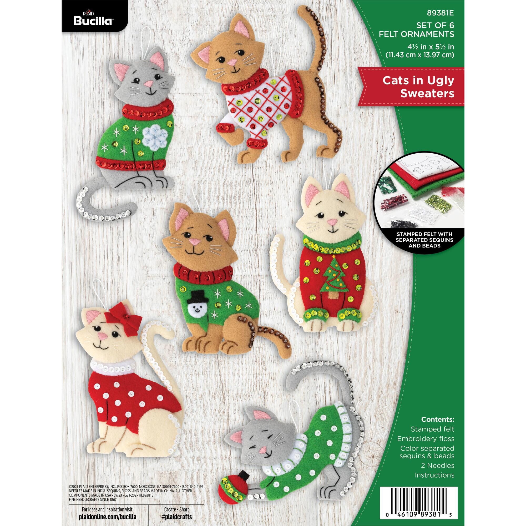 Bucilla Cats in Ugly Sweaters 6 Count Felt Applique Ornament Kit, 4.5 x 5.5 in