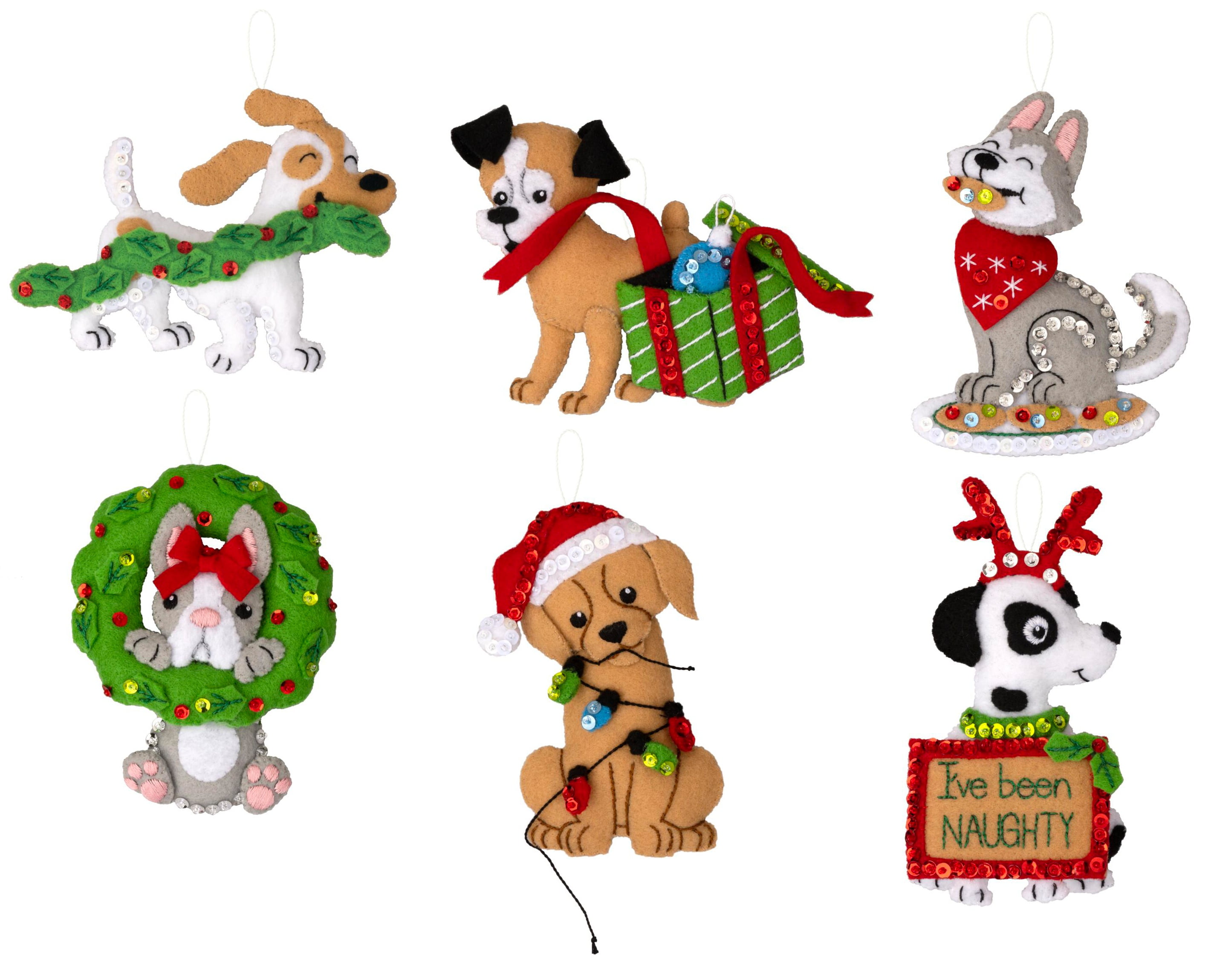 Bucilla Kit Feltro Cani Con Maglione - Set Di 6 Decorazioni Applique Per Creare Addobbi Natalizi Fai Da Te - Foto 6