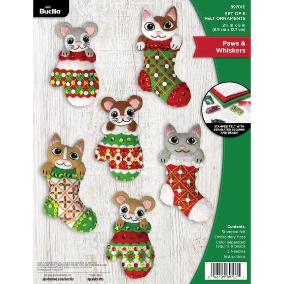 Bucilla Paws & Whiskers Felt Applique Ornament Kit, Set of 6, 2.75 x 5 in