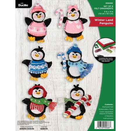Bucilla 3" x 4" Winter Land Penguins Felt Applique Christmas Ornament Kit, 6 Pieces