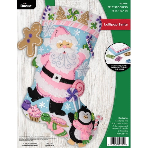 Bucilla Felt Applique Stocking Making Kit, Lollipop Santa, 18"