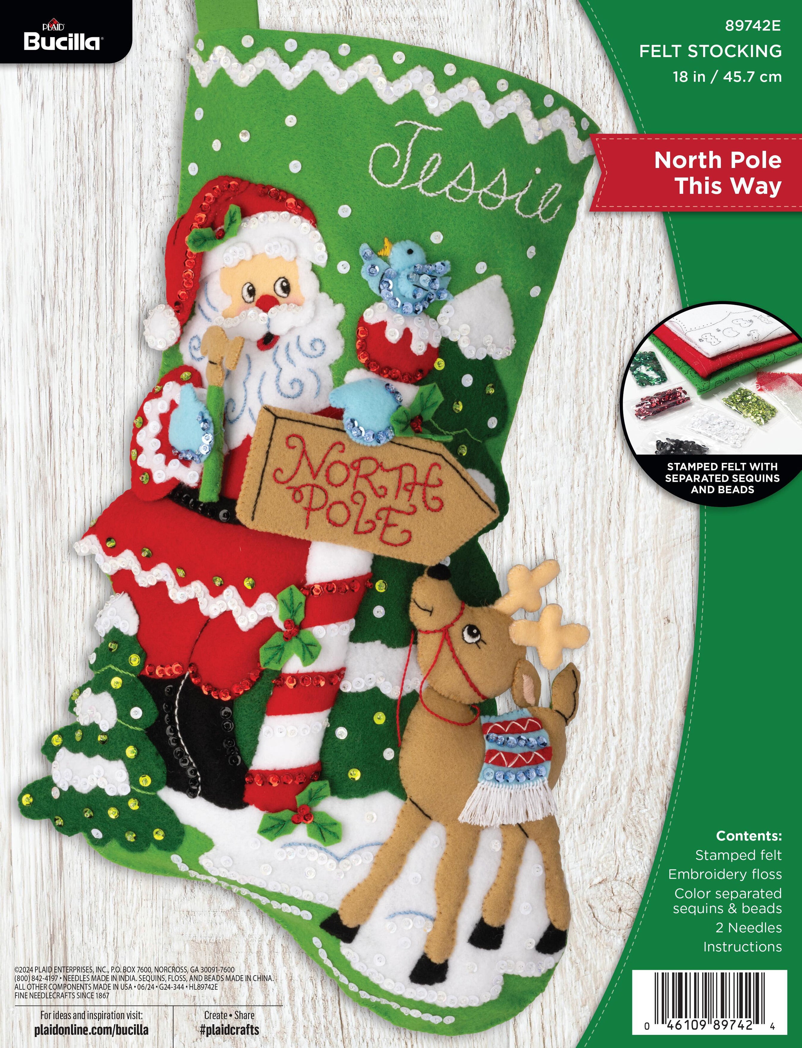 Classic Green and Red Felt Christmas Stocking Kit with Santa and Reindeer