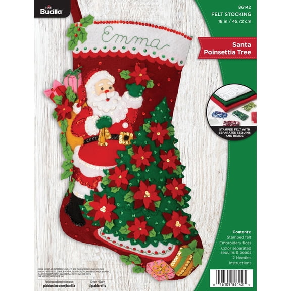 Bucilla 18" Santa Poinsettia Felt Applique Christmas Stocking Embroidery Kit
