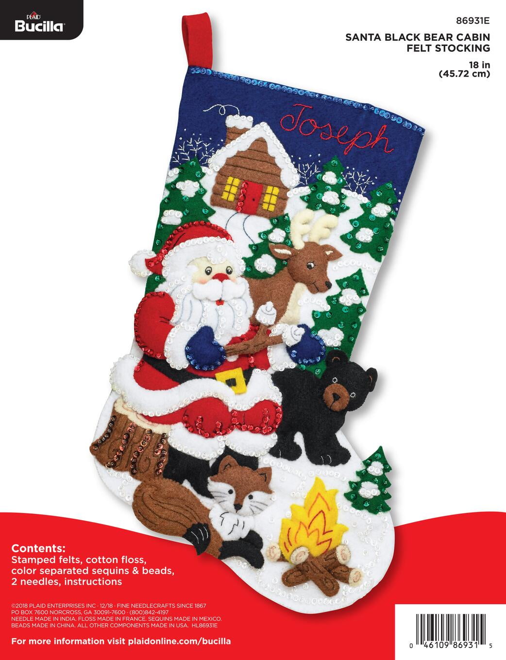Bucilla Felt Applique Stocking Making Kit, Santa's Black Bear Cabin, 18"