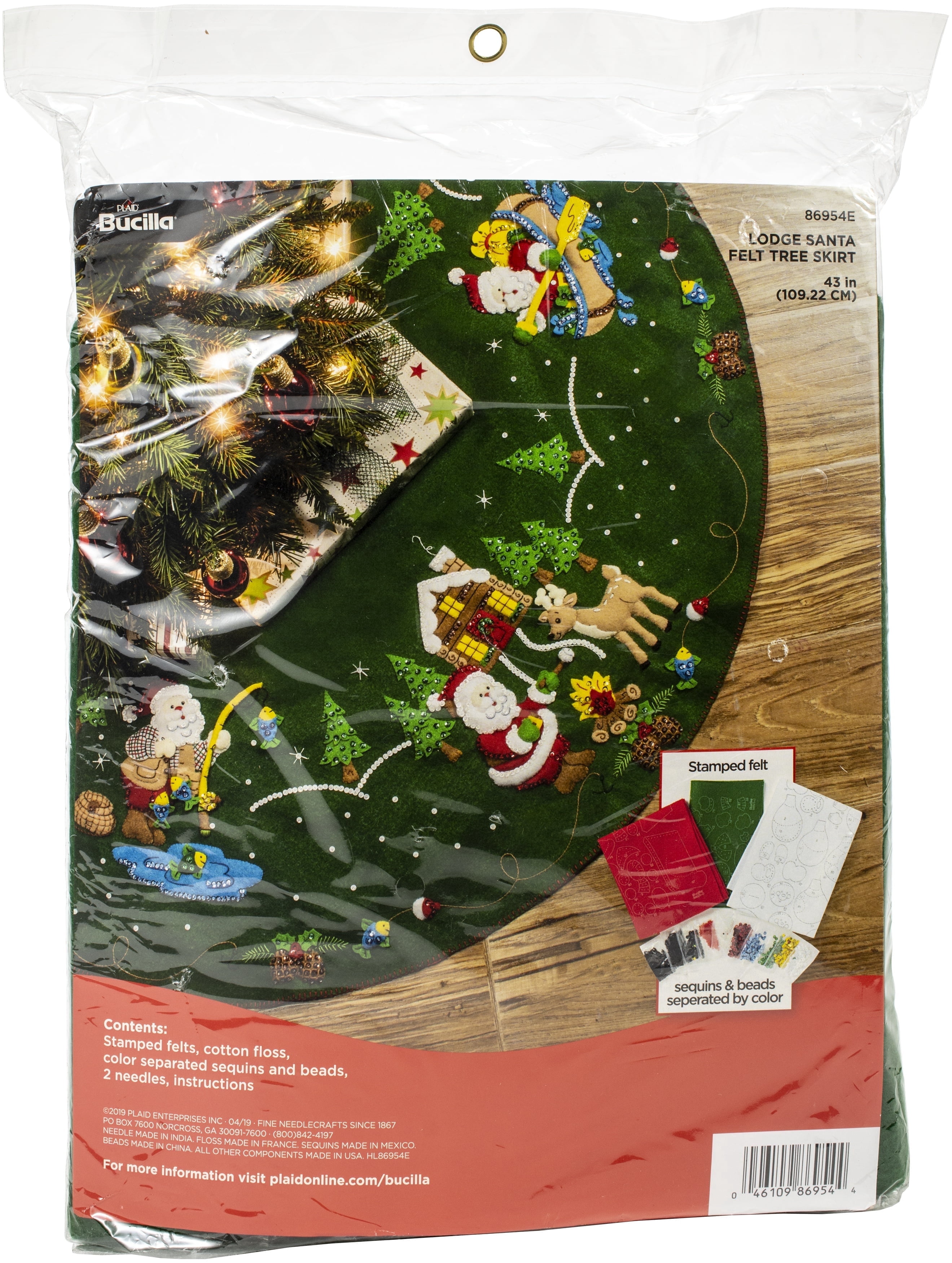 Bucilla Felt Tree Skirt Kit, Lodge Santa, 43 in Round, Multicolor, Felt